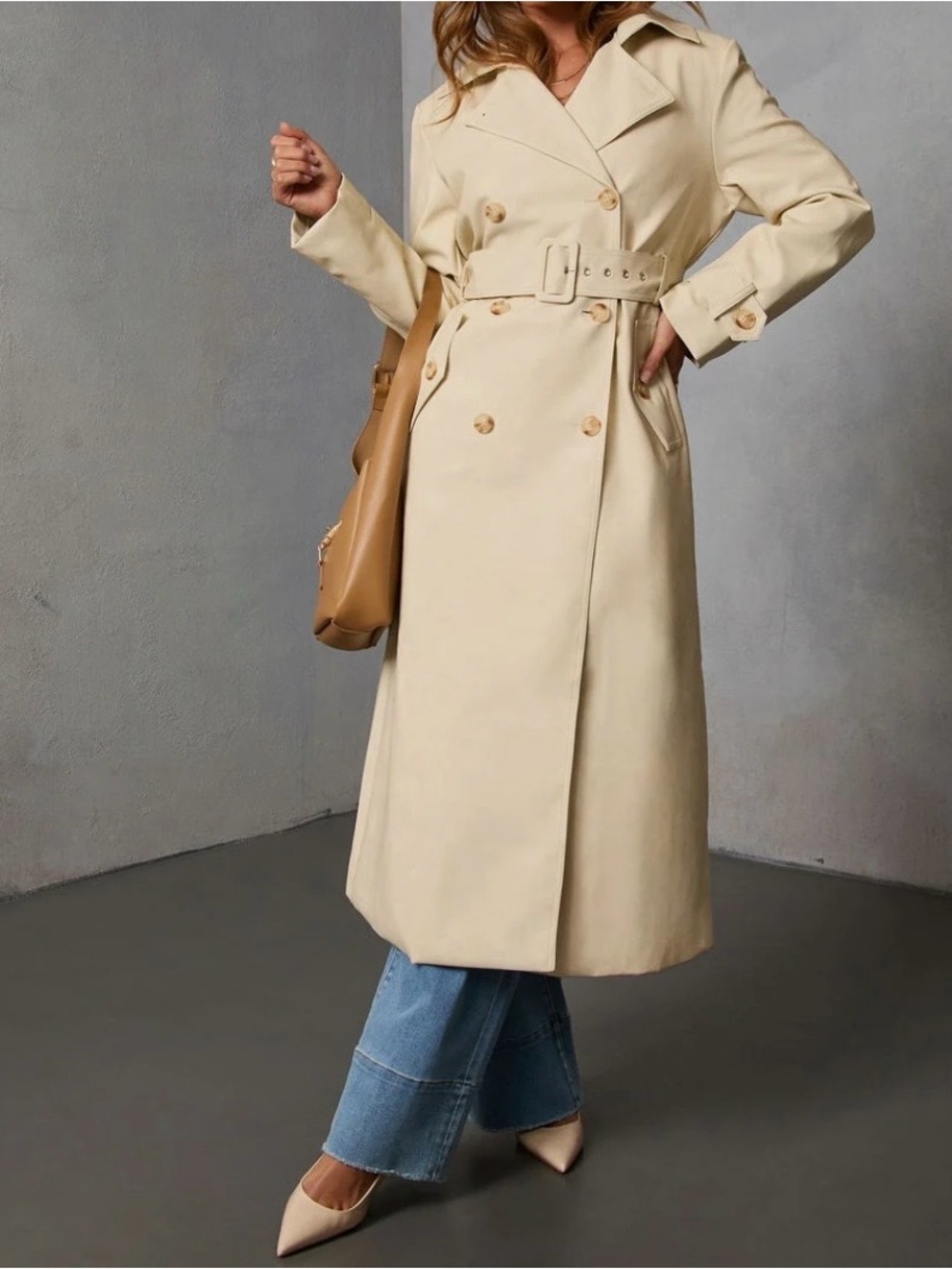 Audrine Vegan Leather Cream Trench Coat with Belt